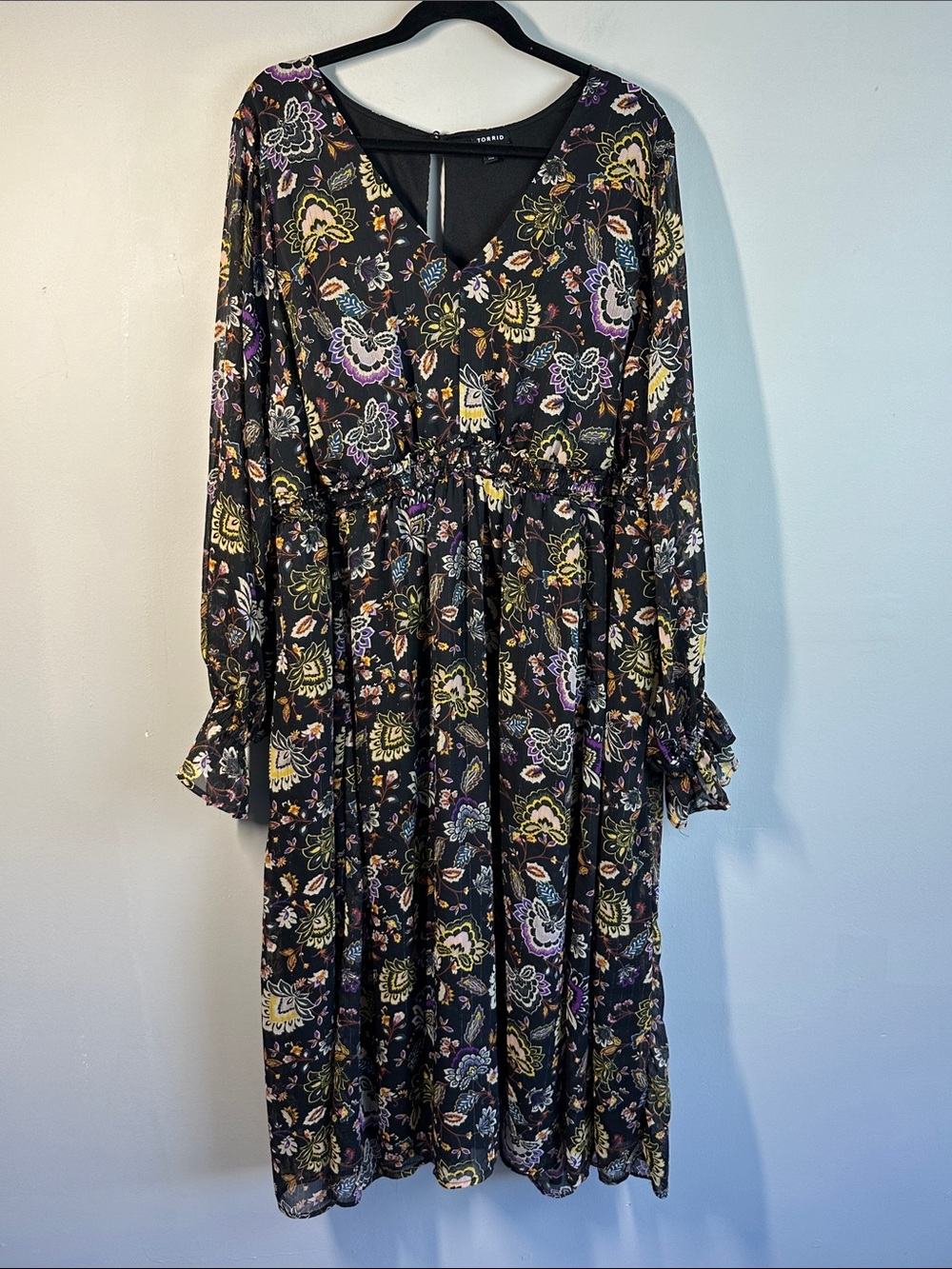 Torrid Black Floral Paisley Chiffon Midi Dress Metallic Pinstripe Size 3X
